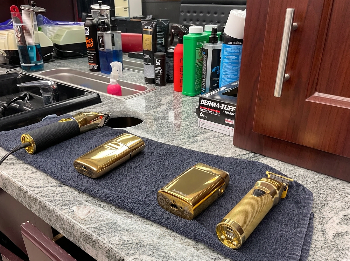 Gold professional clippers and trimmers laid out at a Dapper Cuts barber station